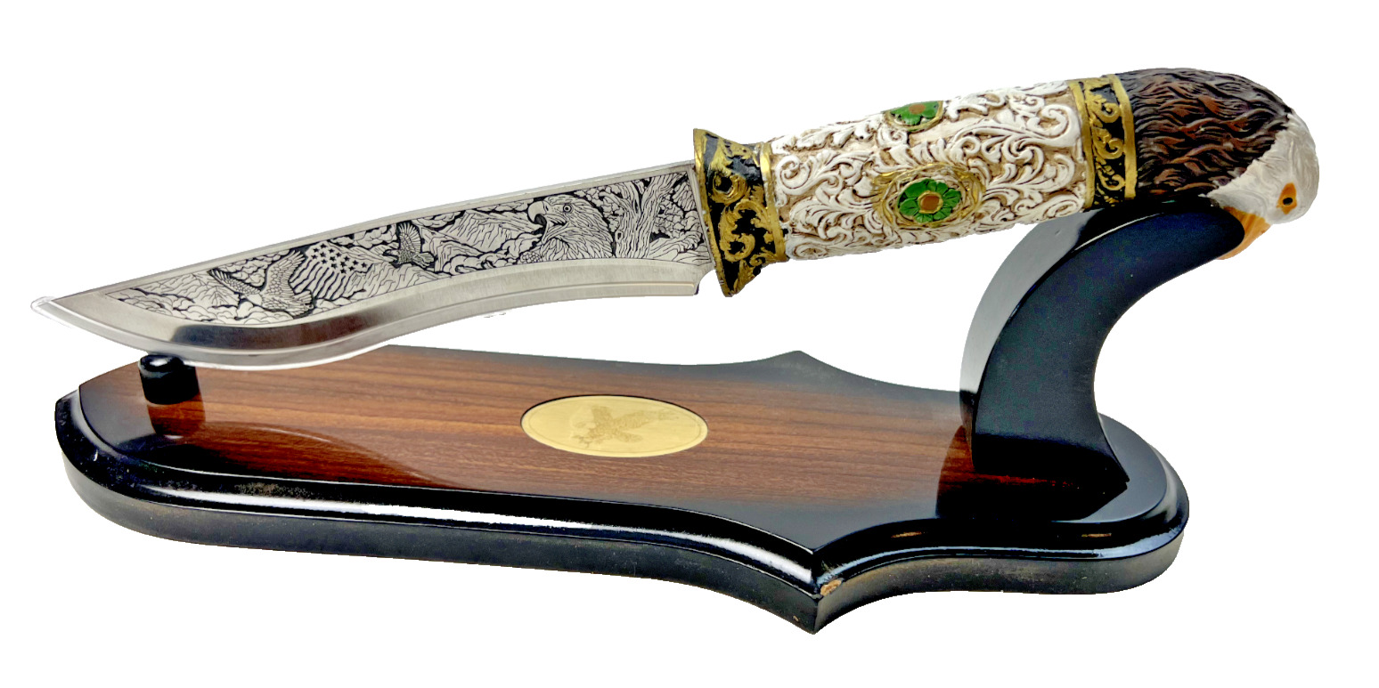 Carved And Etched Eagle Fixed Blade Knife With Wooden Display Stand