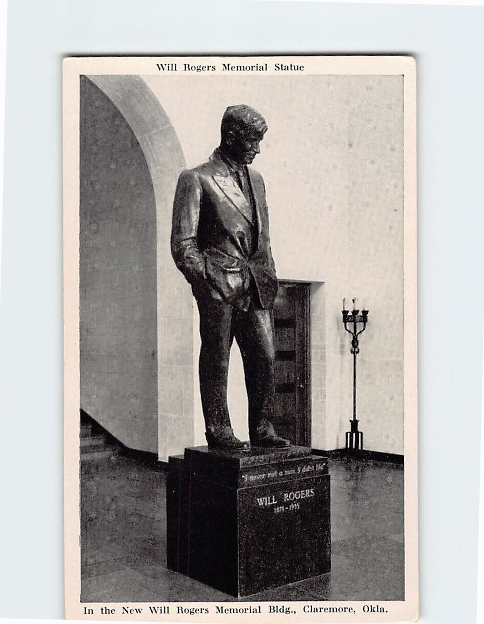 Postcard Will Rogers Memorial Statue Will Rogers Memorial Bldg. Oklahoma USA