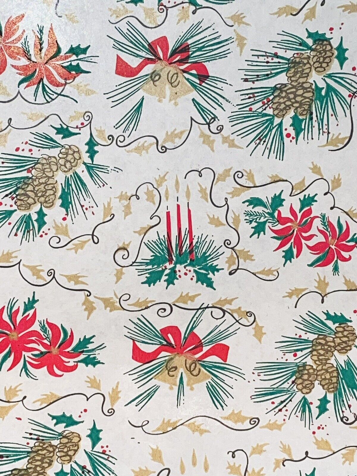 VTG 1950's CHRISTMAS WRAPPING PAPER 2 YARDS GIFT WRAP PINECONE CANDLE BELLS