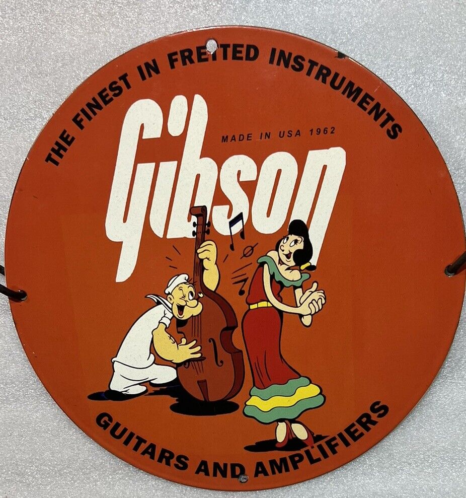 GIBSON GUITAR & AMPLIFIER SINGING MUSIC PARTY CLUB PORCELAIN ENAMEL CARTOON SIGN