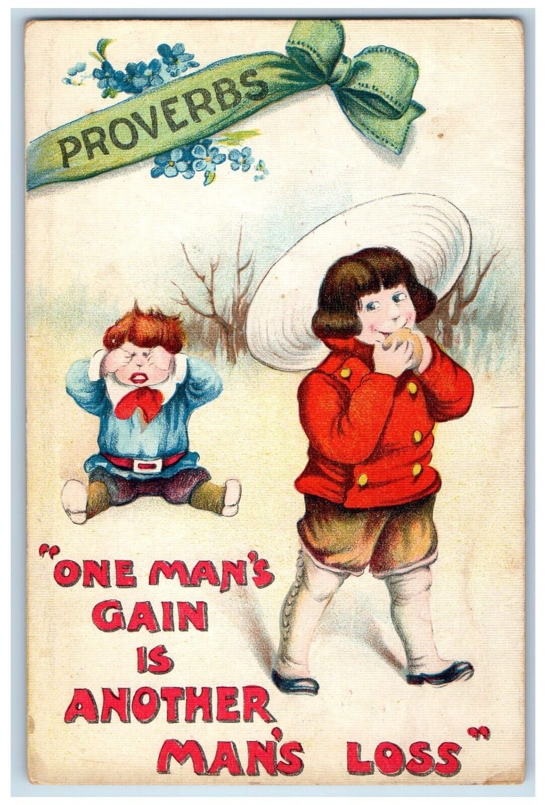 Proverbs Postcard Children One Man's Is Another Man's Loss Flowers c1910s Posted