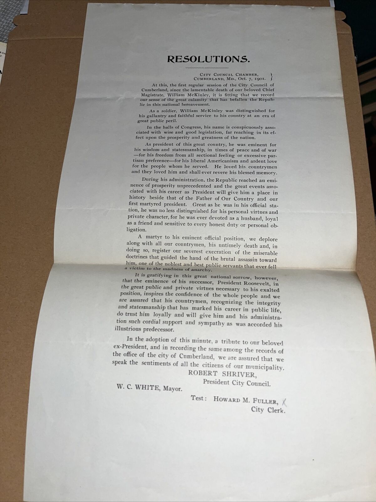 1901 Cumberland MD Council Sympathy Resolution President McKinley Assassination