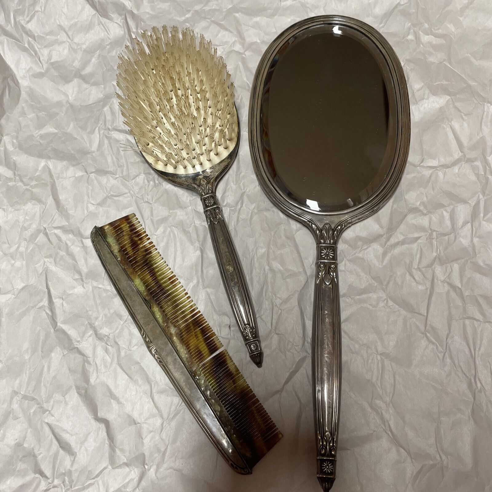 Antique Sterling Silver Vanity Set Mirror Brush, Comb International Sterling