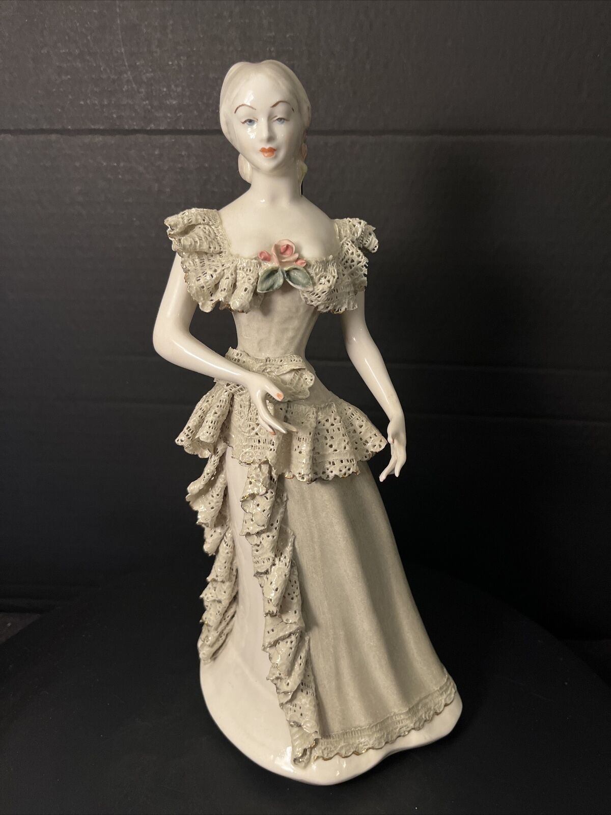 Vtg Cordey Porcelain Woman Figurine Green Gown w/Gold Trim Lace 14
