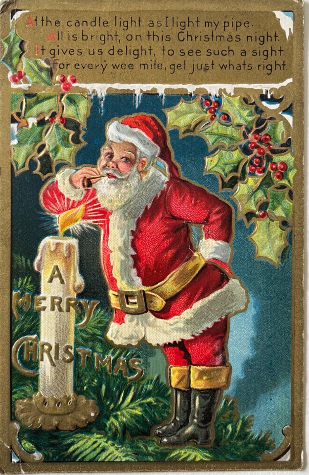 Christmas Santa Smoking Pipe Poem Antique Postcard c1910