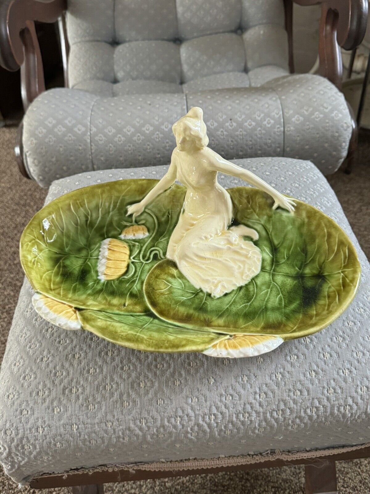 Antique Royal Dux Attributed Ceramic Art Nouveau Lady in a Lily Pond Dish