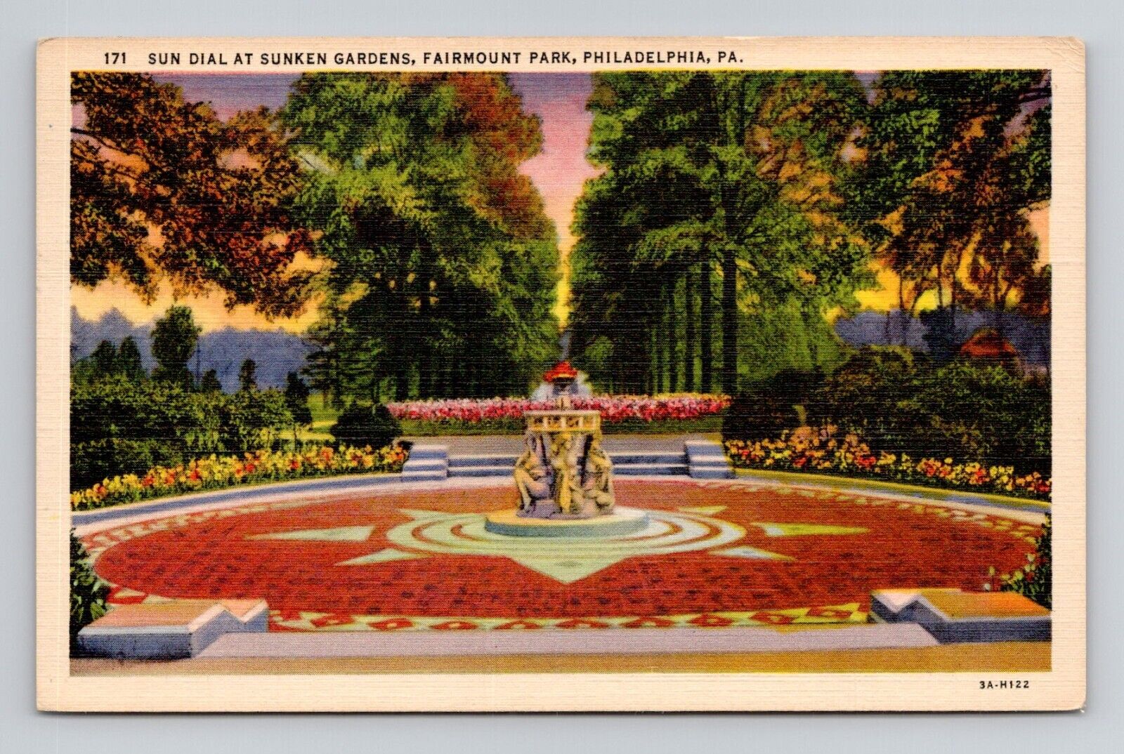 Postcard Sun Dial Sunken Gardens Fairmount Park Philadelphia, Vintage Linen K9