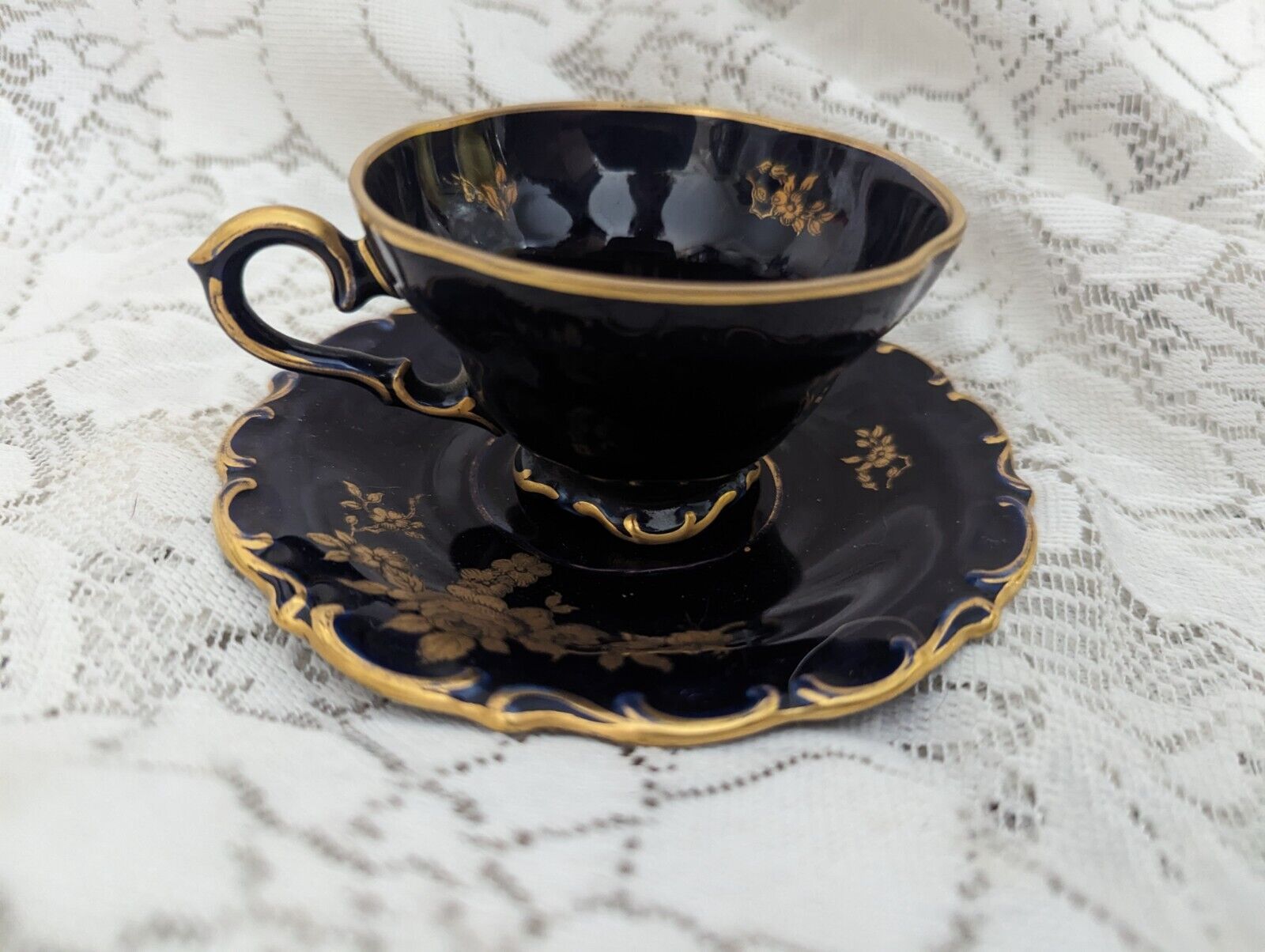 Vintage Demitasse Small Tea Cup & Saucer Lindner Etched Cobalt Bavaria