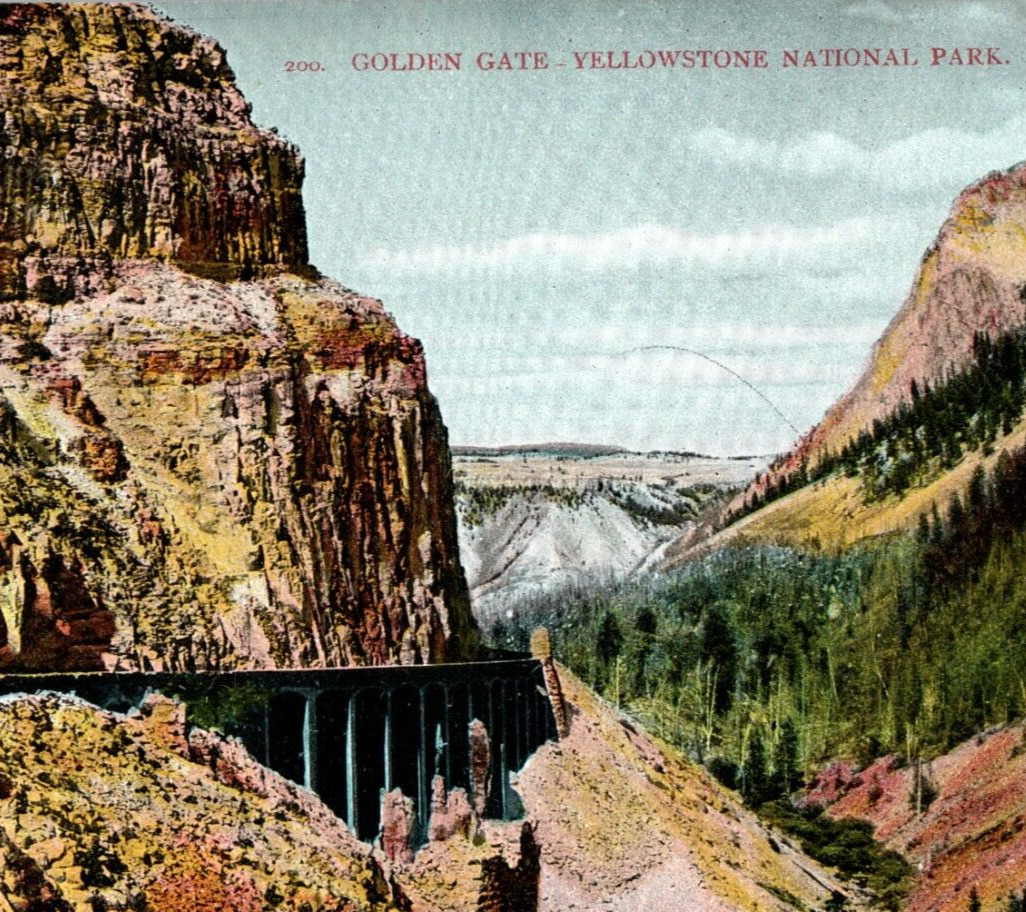 Golden Gate Viaduct Road Bridge Yellowstone National Park Vintage Postcard A7