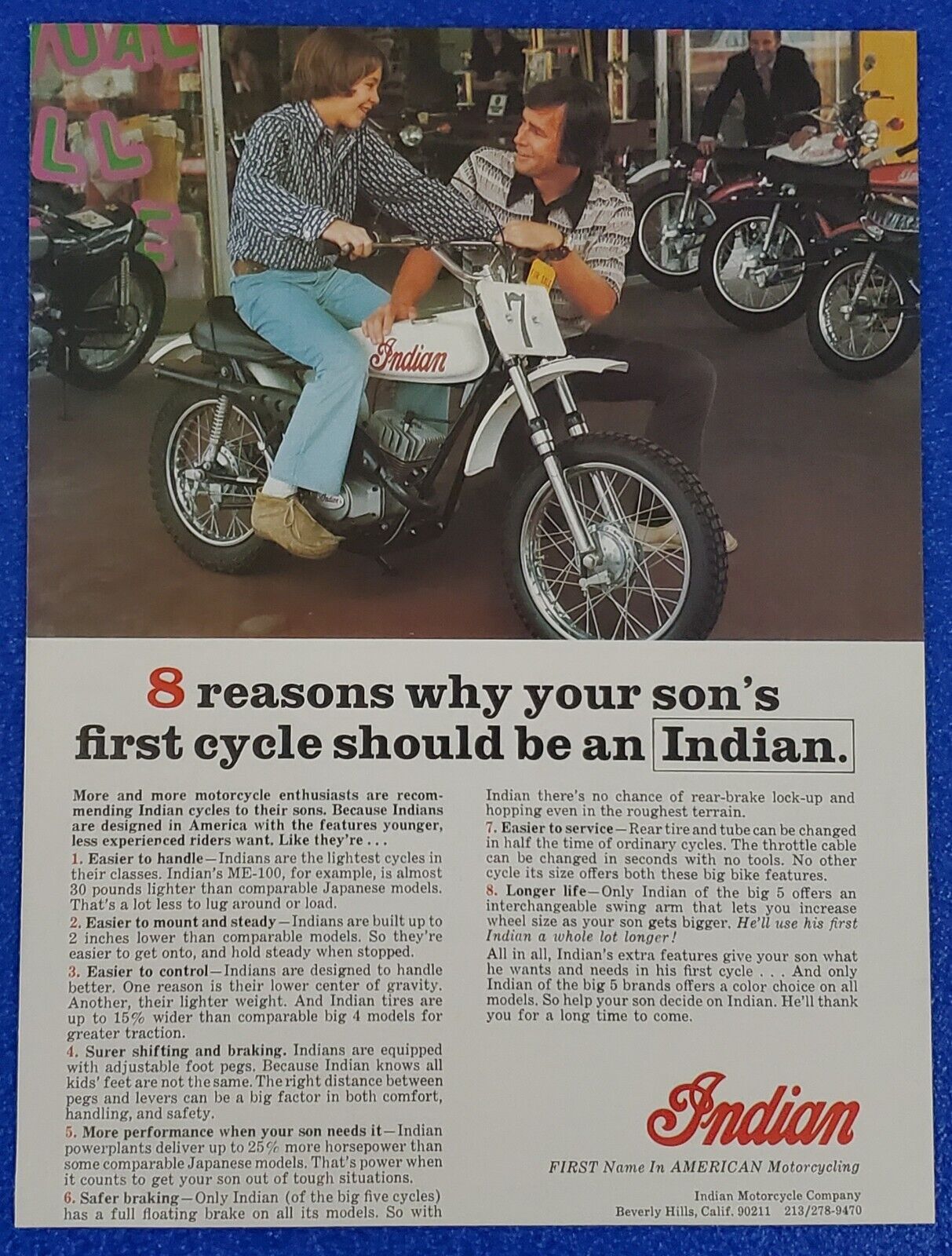 1974 INDIAN MOTORCYCLE ORIGINAL PRINT AD MINIBIKE - 8 REASONS WHY - CLASSIC AD