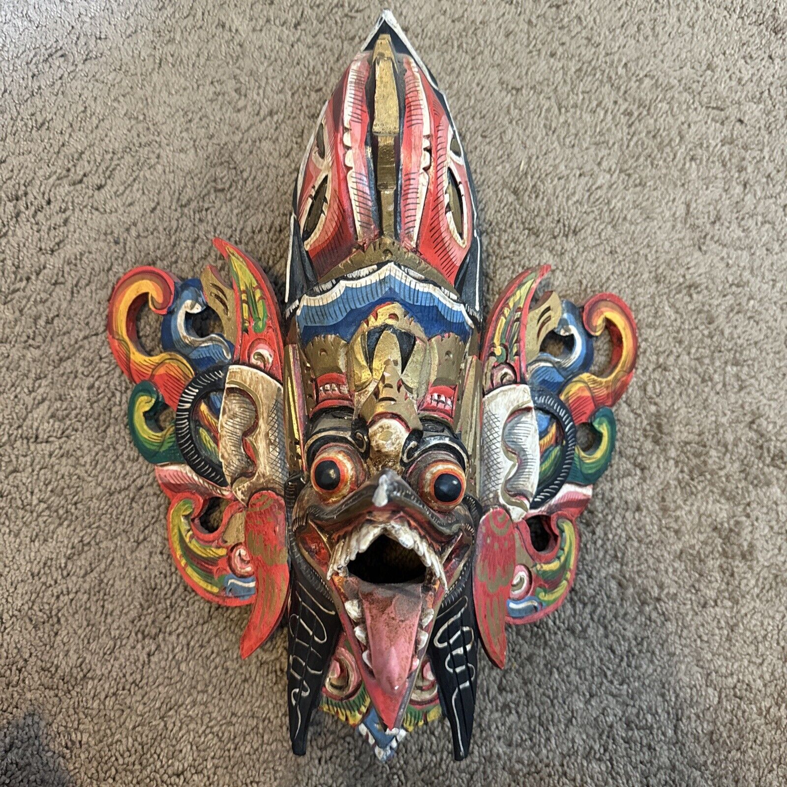 Vintage Garuda Mask Hand Carved Wood Bali Wall Art Indonesian