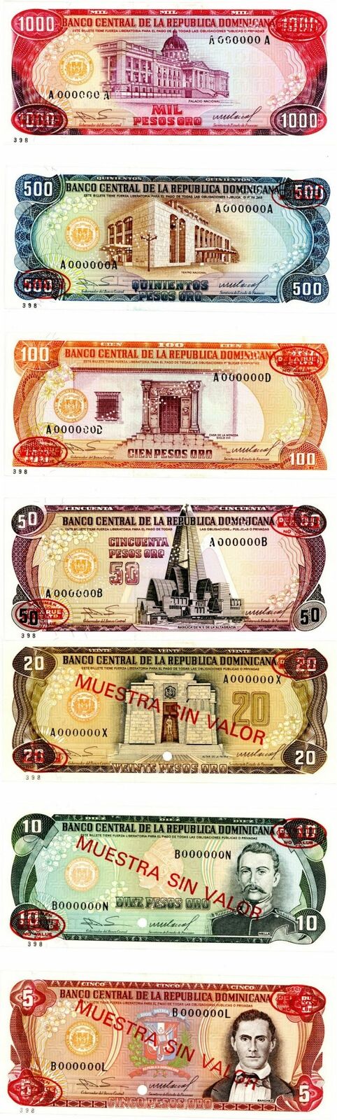 Dominican Republic - Set of 7 (5-1000 Pesos Oro) - P-118s-P124s - 1985 dated For