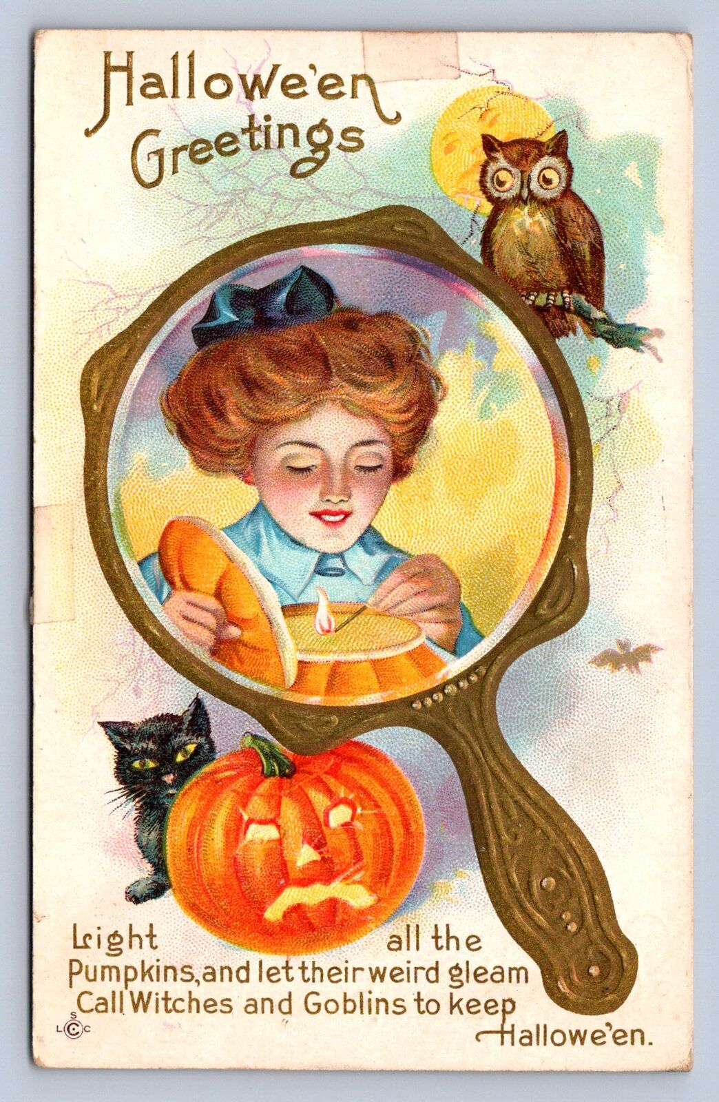 J99/ Halloween Postcard Holiday Greetings c1910 Series 248C Owl Mirror 482