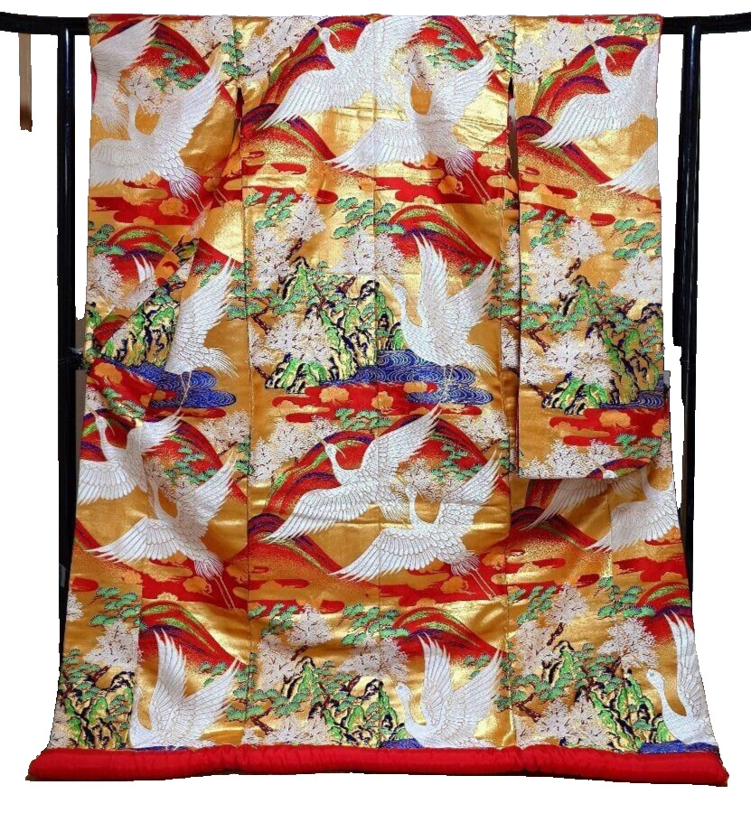 Japanese Silk Kimono Uchikake Vintage Gorgeous wedding Red Gold crane (u88)
