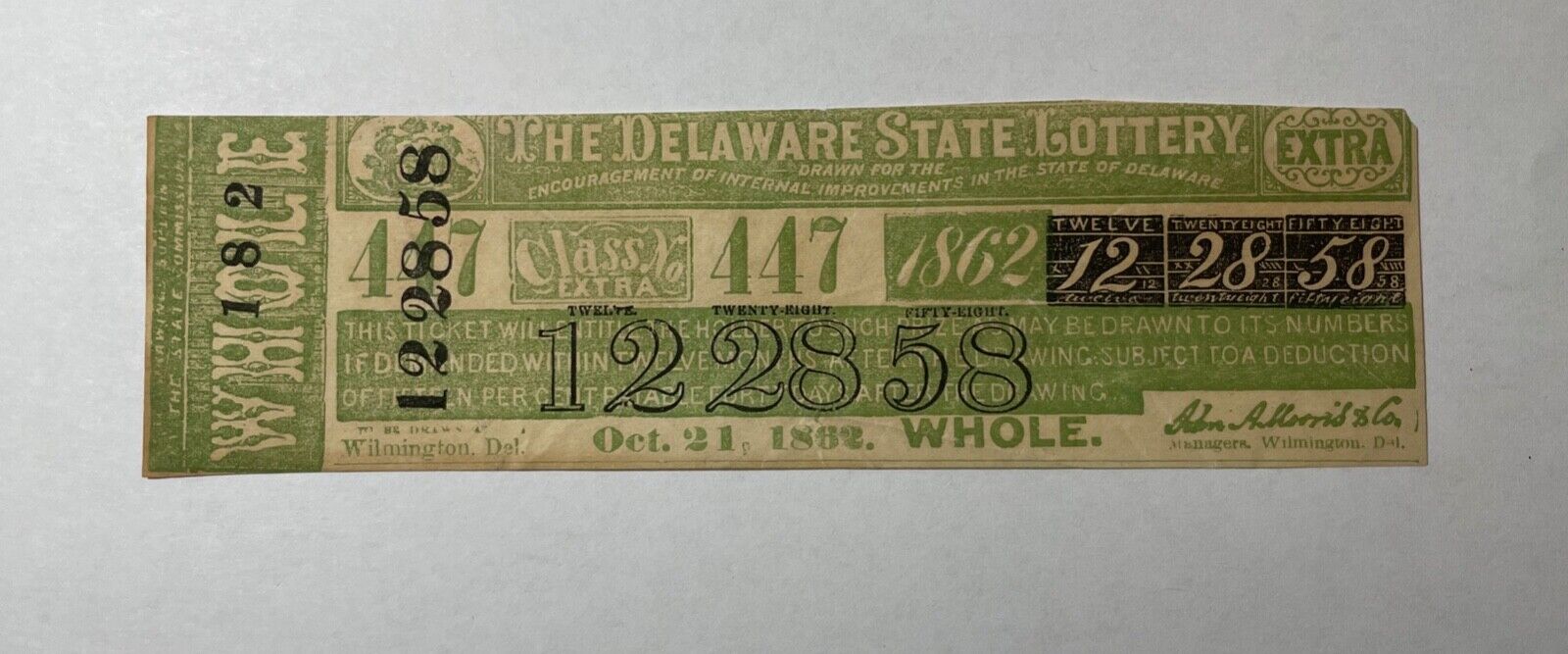 rare antique original Oct 21st 1862 Delaware United states lottery ticket stub