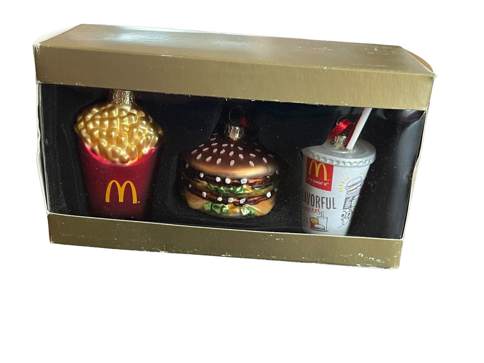 VHTF 2013 McDonald’s Blown Glass Big Mac Fries & Shake Drink Ornament Set In Box
