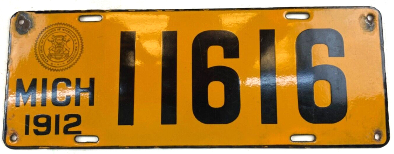 Vintage Michigan 1912 Auto License Plate Porcelain 11616 Wall Decor Collector