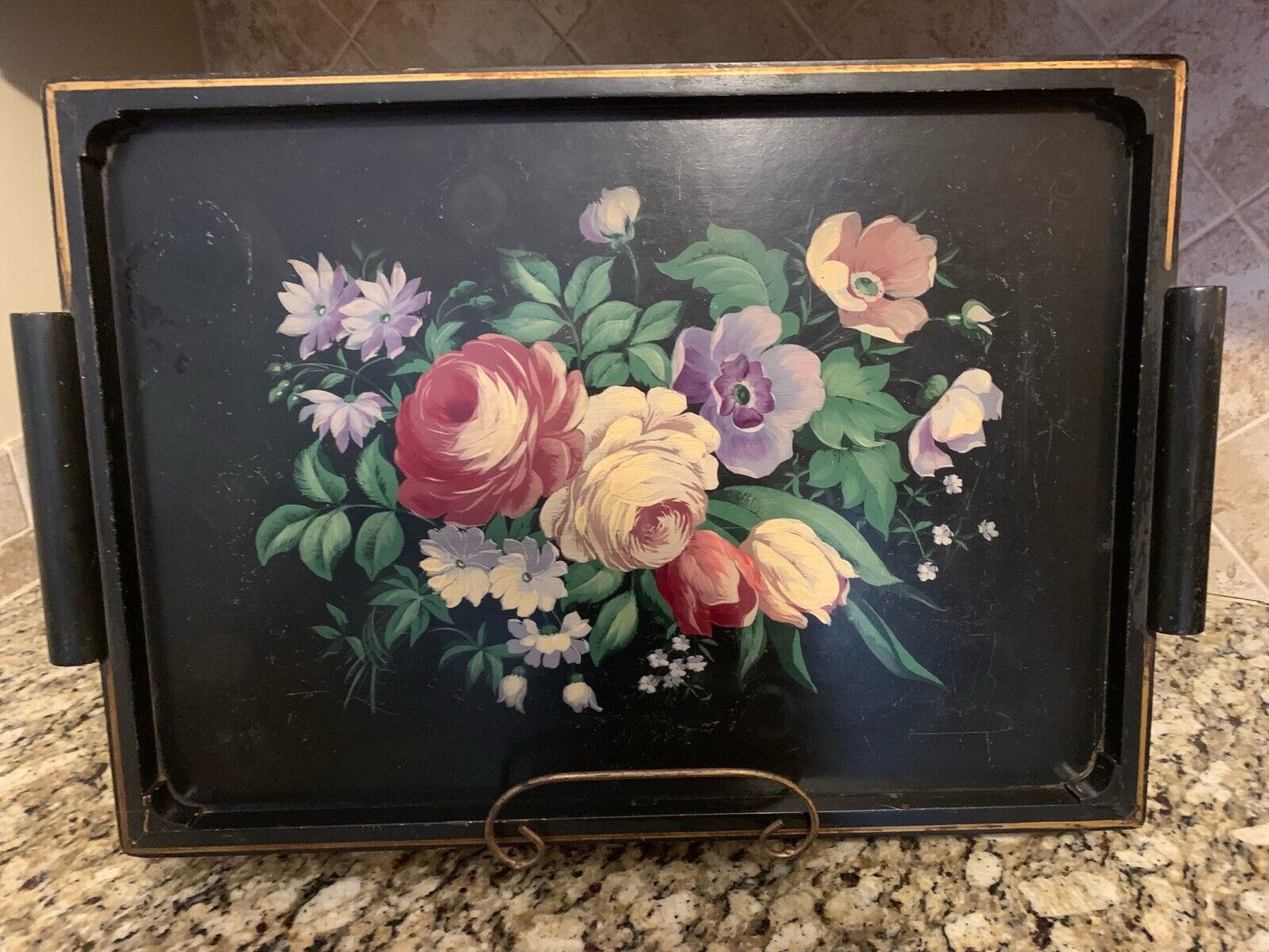Vintage Hand Painted Floral Wooden Tole Black Serving Tray 22 X 16 X 1