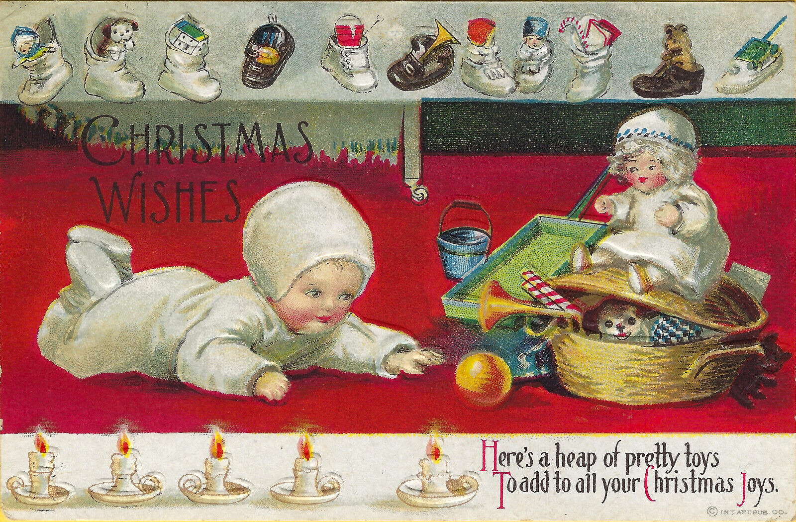 Clapsaddle Christmas Crawling Baby Toys Puppy Shoe Border A/S PC Emb Vtg c1915