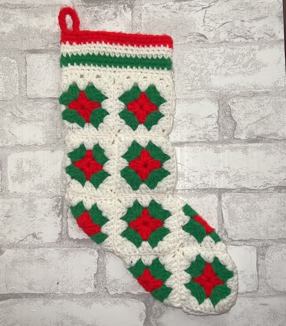 Vintage Handmade Granny Square Crochet Christmas Stocking Green Red White