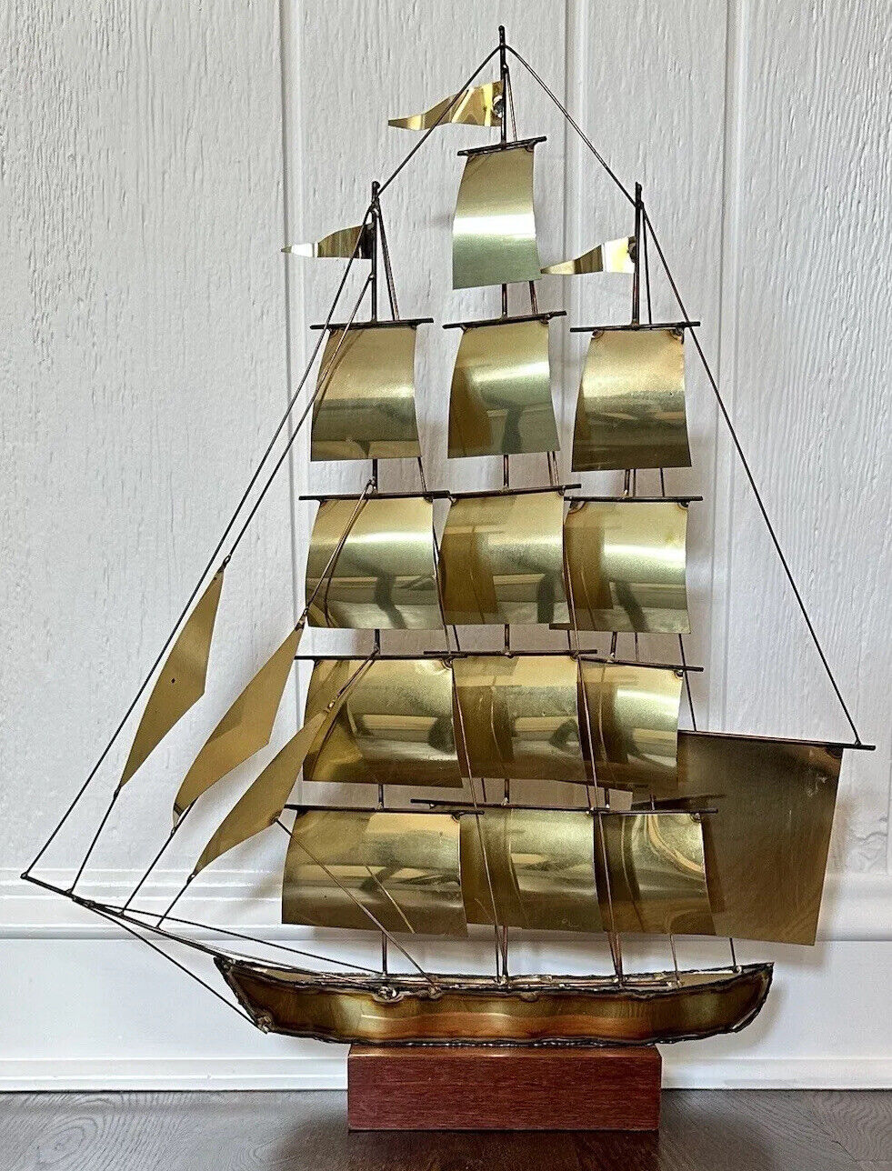 Large Vintage MCM Brass Sailboat on Wood Base Curtis Jere 17 Sails 25” H, 20” W