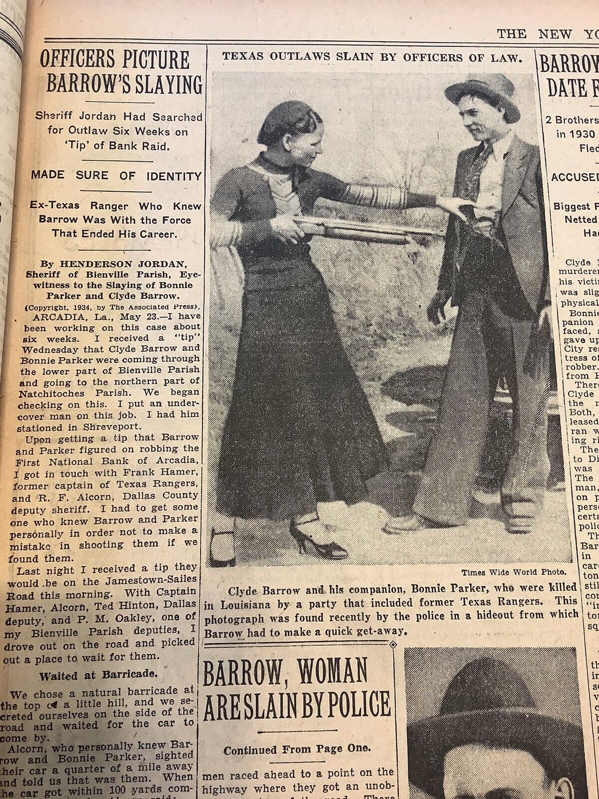 Bonnie & Clyde Ambush Killing New York Times May 24, 1934 Frank Hamer ORIGINAL