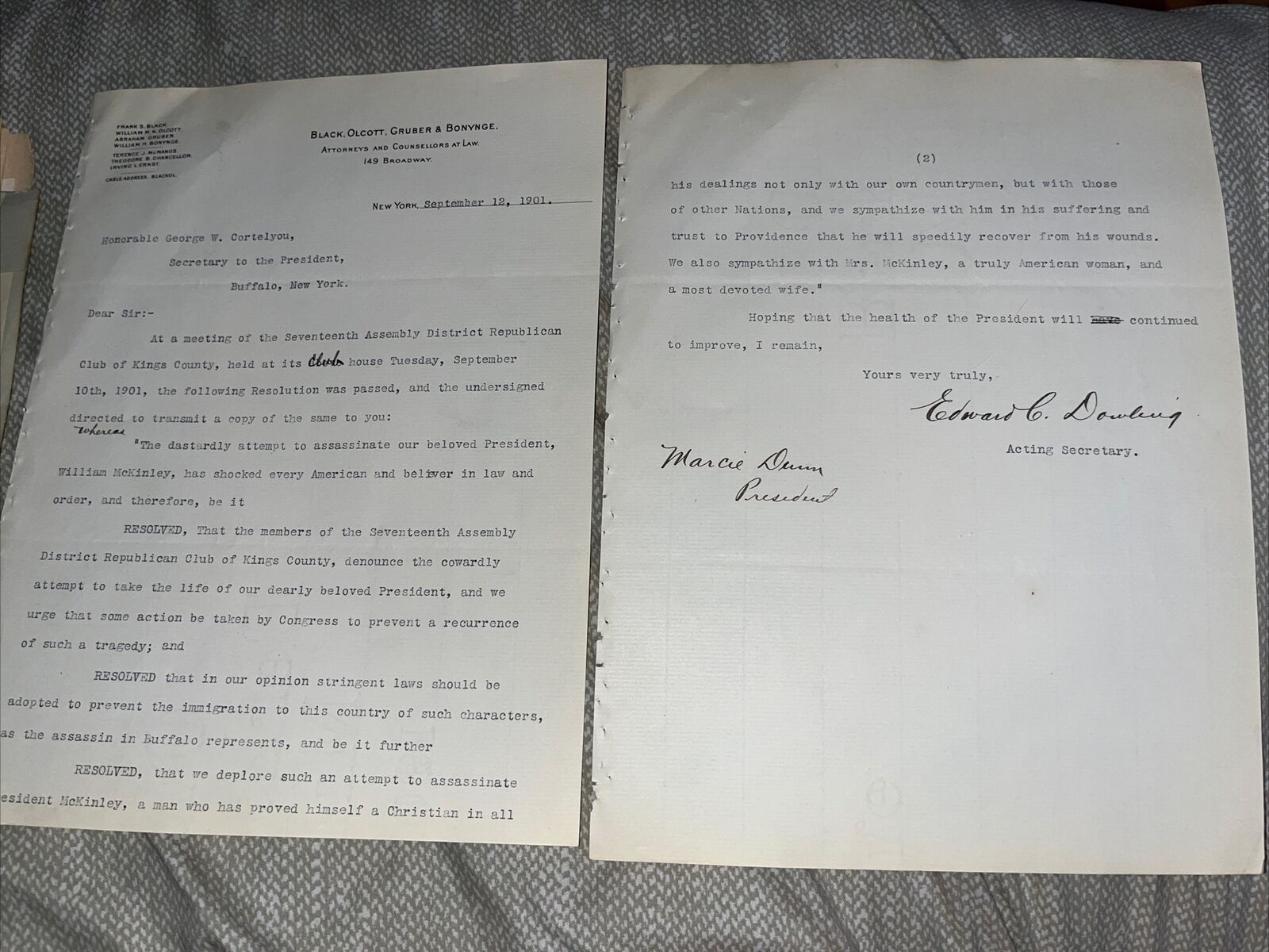 1901 Republican Club Kings County NY President McKinley Assassination Resolution