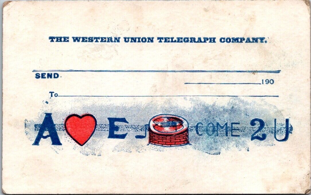 Western Union Telegraph Rebus Puzzle Hearty Welcome To You c1905 postcard AQ4