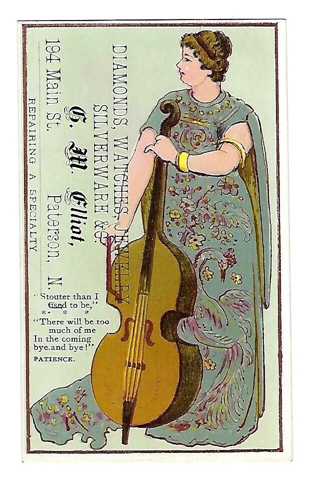 c1890's Victorian Trade Card G.M. Elliot, Jewler Paterson, NJ, Man Playing Cello