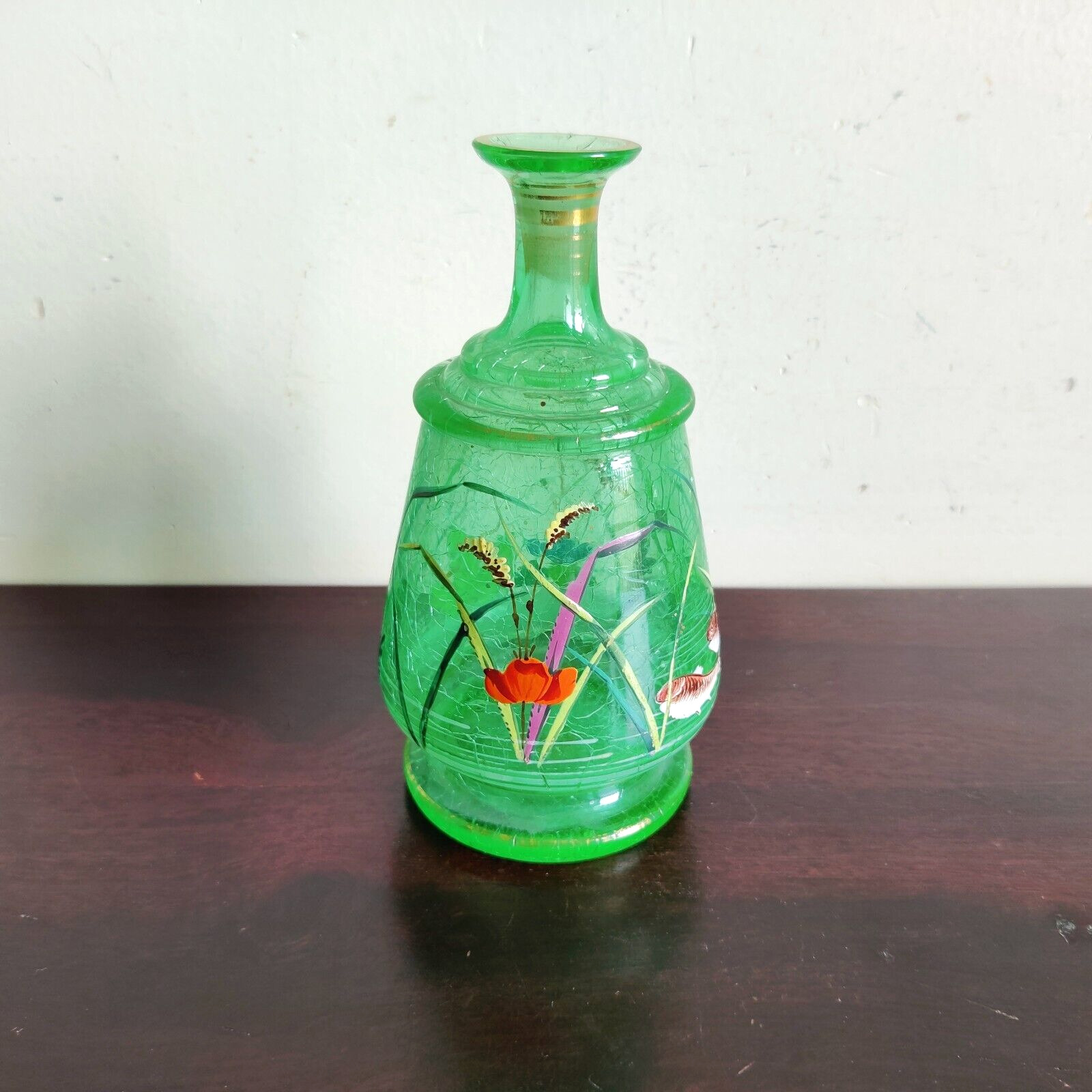 1930s Vintage Lime Green Floral Painted Crackling Glass Bottle Decorative GL107