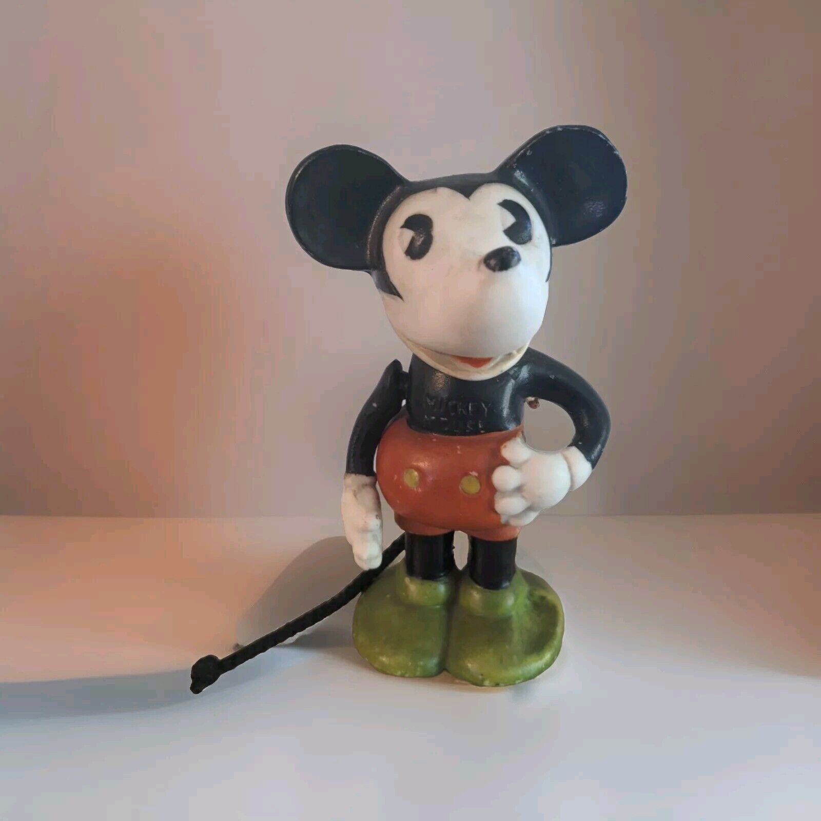 1930'S MICKEY MOUSE MOVABLE ARM TOOTHBRUSH HOLDER W/LABEL JAPAN BISQUE FIGURINE