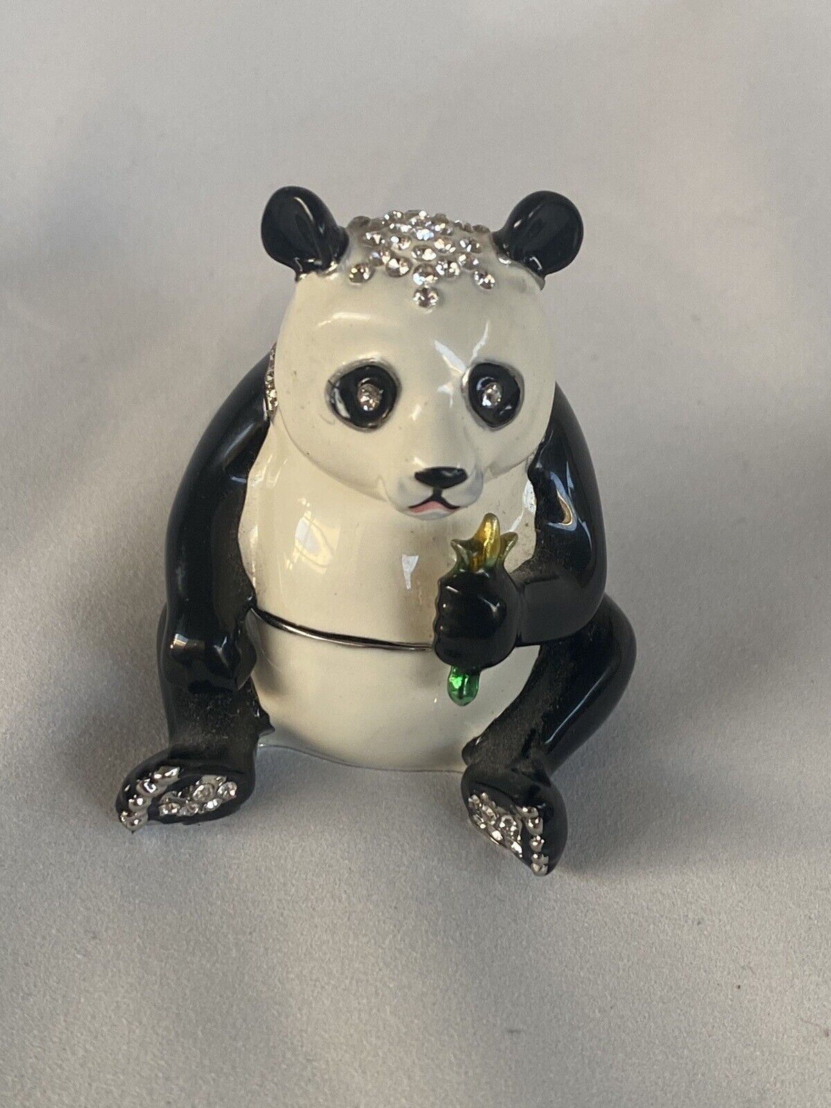 Bejeweled Panda Playful  Hinged Metal Enameled Rhinestone Trinket Box Art Form