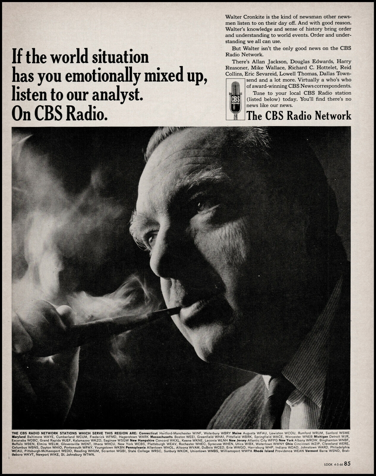 1966 Walter Cronkite news smoking pipe CBS Radio Network photo print ad adl85