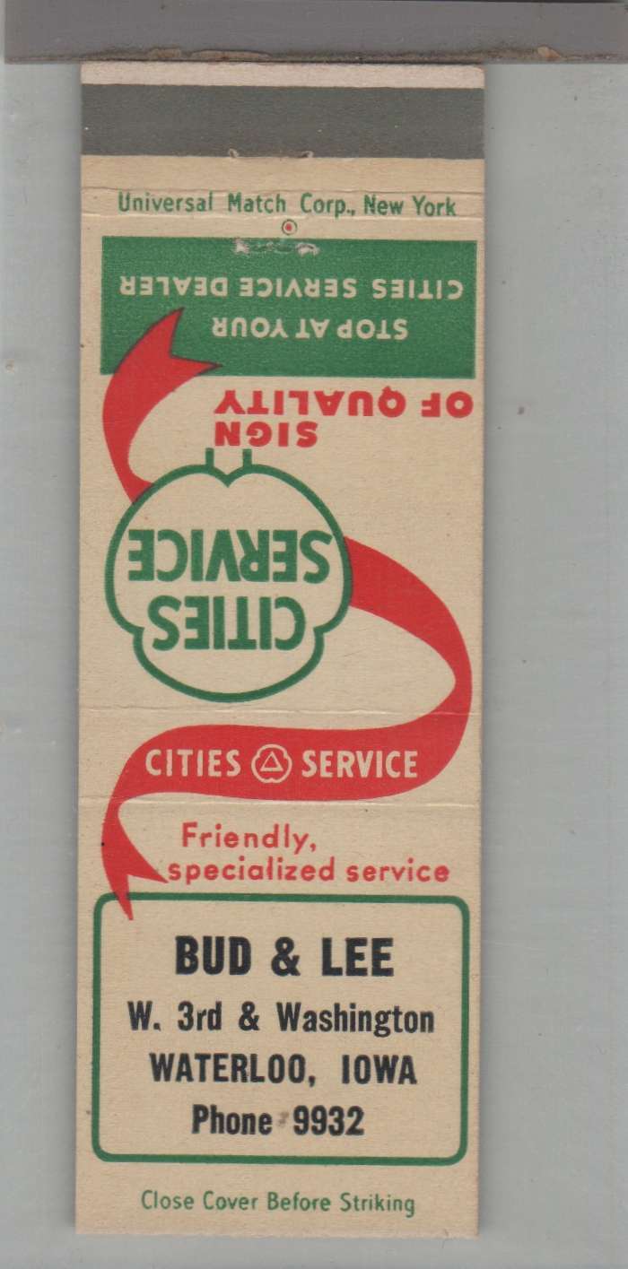 Matchbook Cover - Cities Service Gas Station Bud & Lee Waterloo, IA