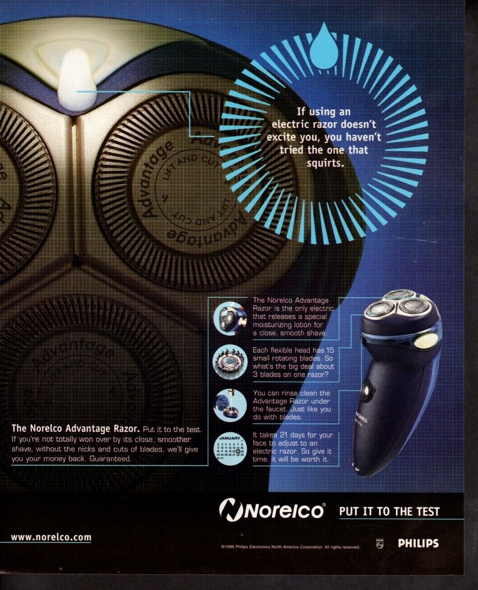 Vintage print ad advertisement Norelco electric shaver Advantage Squirts 1999 ad