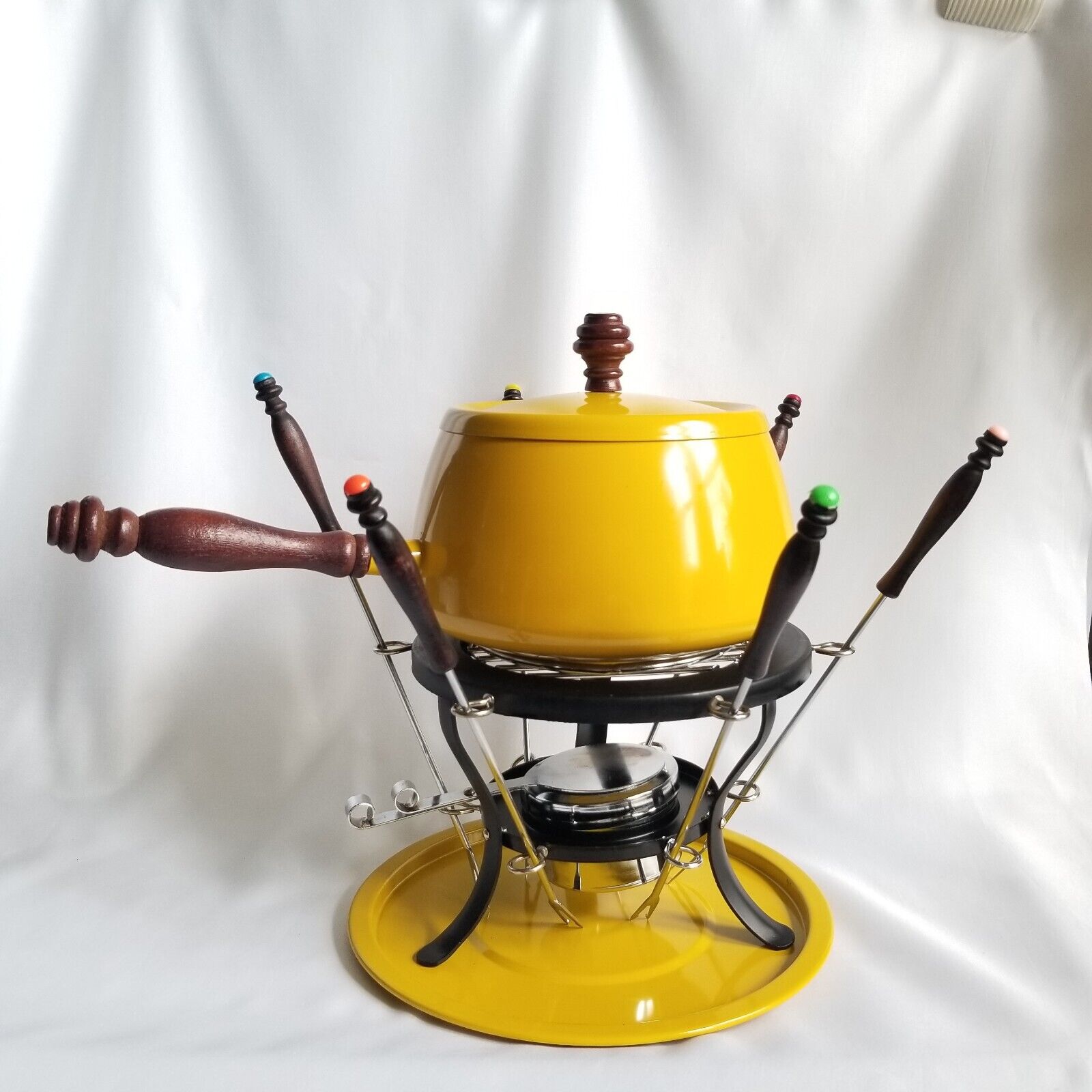 Vintage 70's Yellow Enamel Fondue Pot Set w/ Forks New In Box
