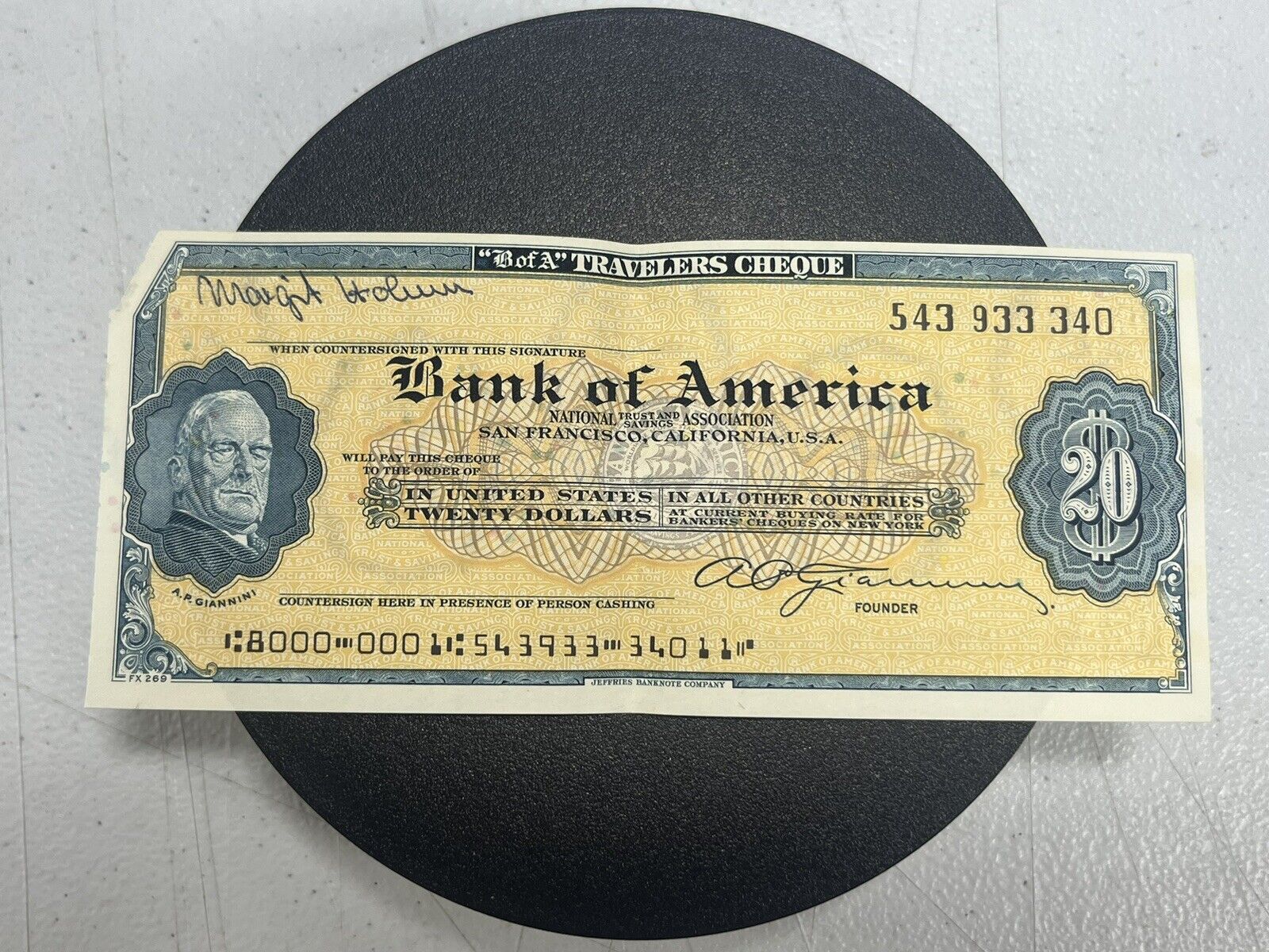 Vintage Bank of America Travelers Cheque $20 Check