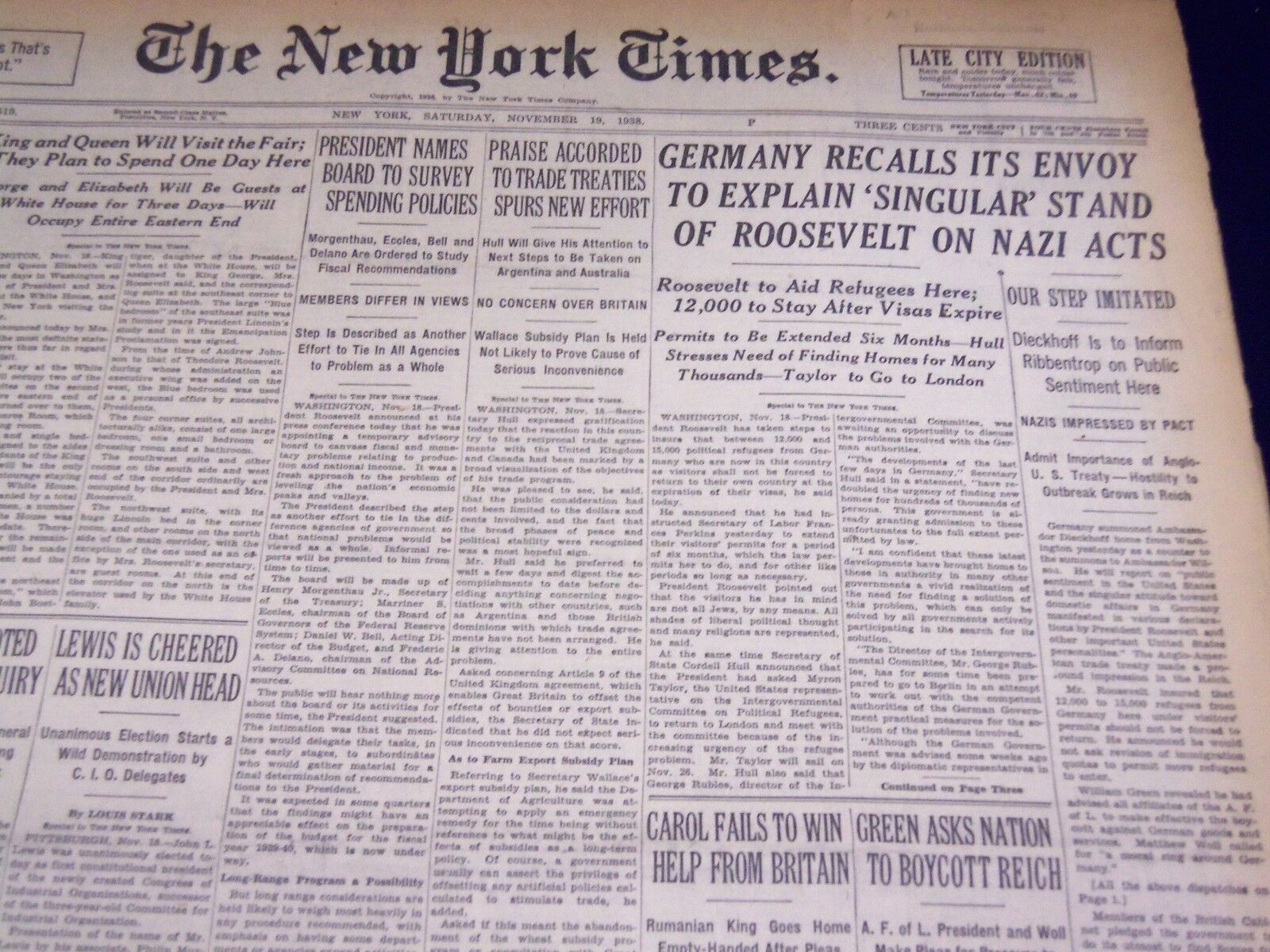 1938 NOV 19 NEW YORK TIMES - GERMANY RECALLS ITS ENVOY, JOHN L. LEWIS - NT 2400