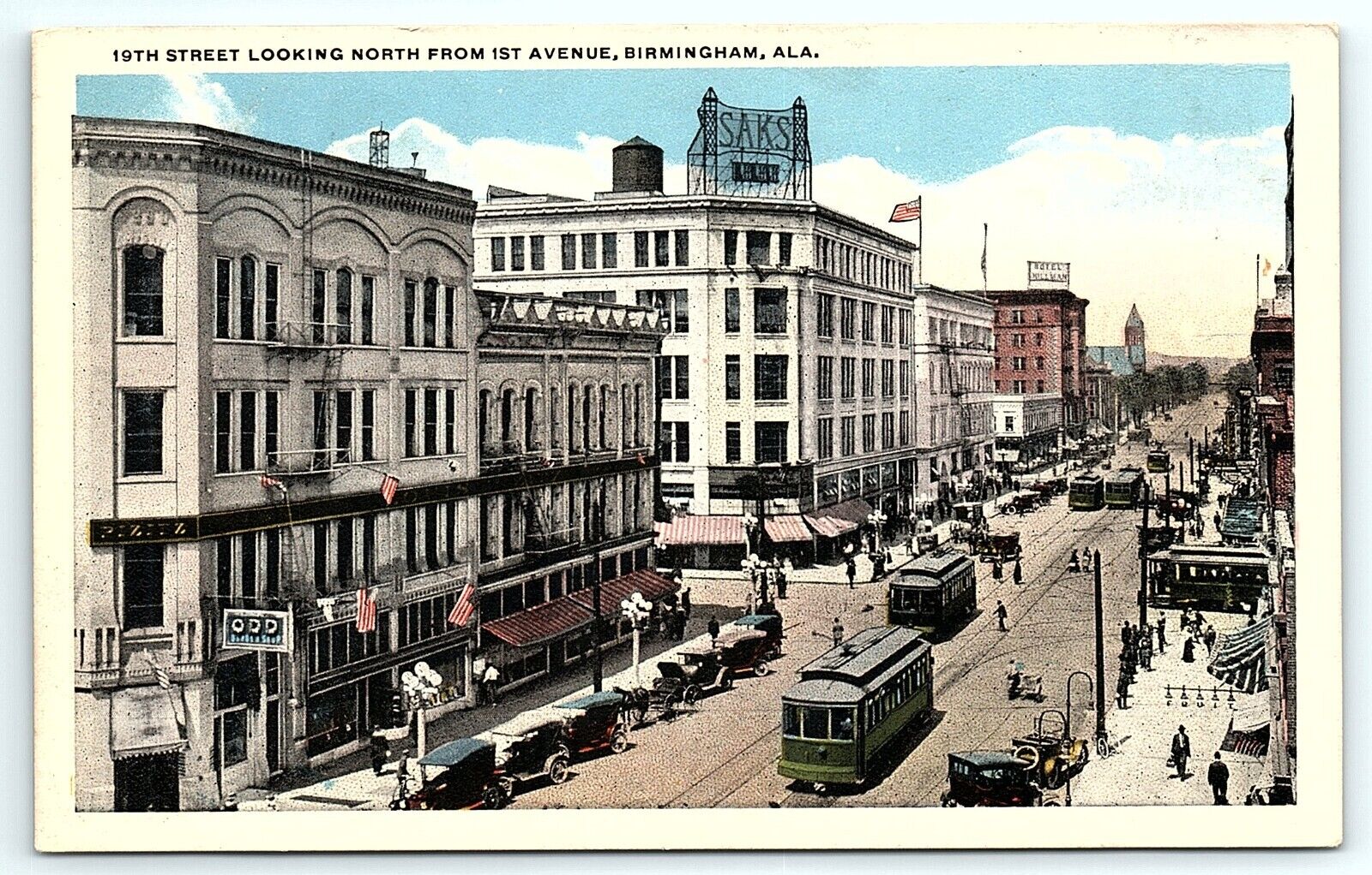 c1930 19th Street 1st Avenue Birmingham Alabama Saks Street Cars Flags Postcard