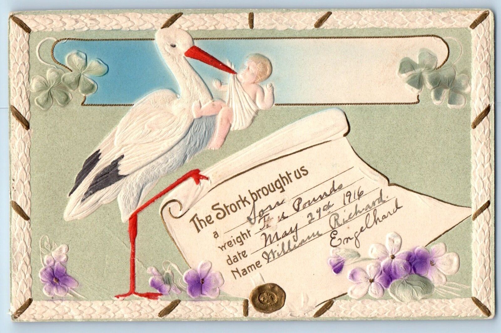 Stork Postcard Delivering Baby Airbrushed Clover Flowers Embossed c1910's