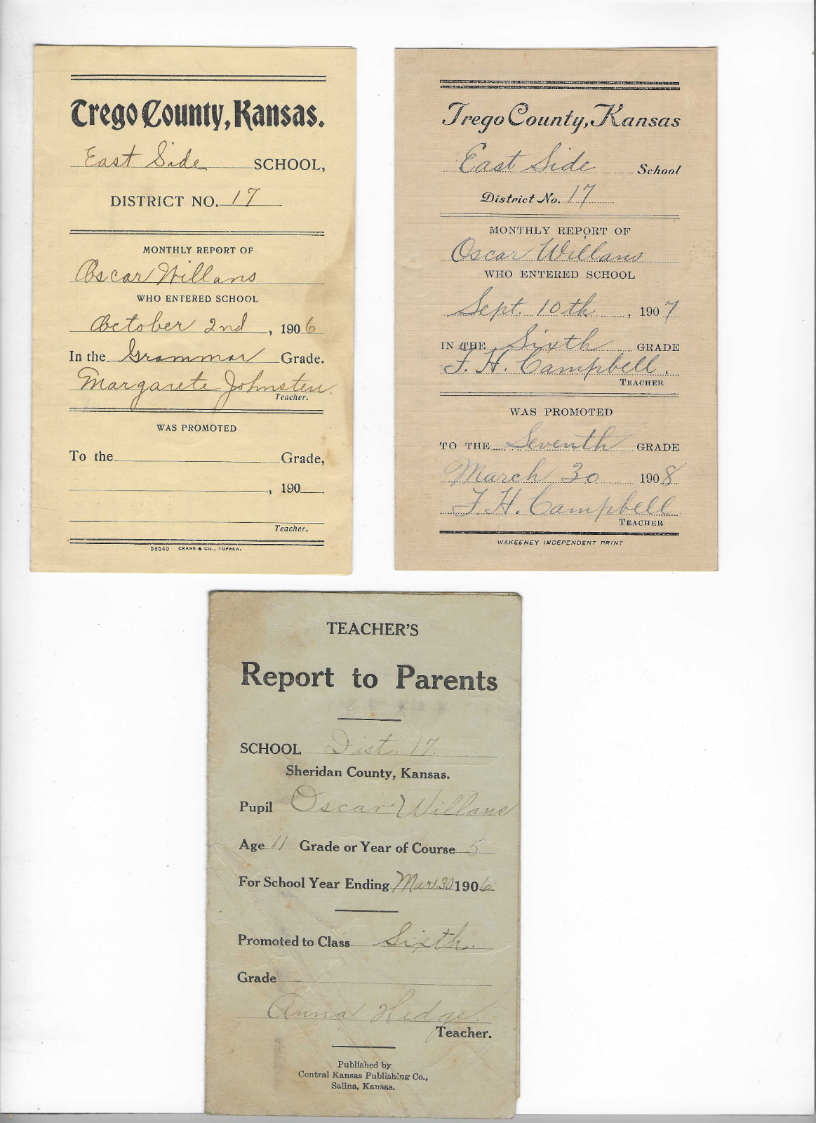 Ephemera 3 Report Cards 2 Attendance Trego County KS 1906 1907 School Vintage