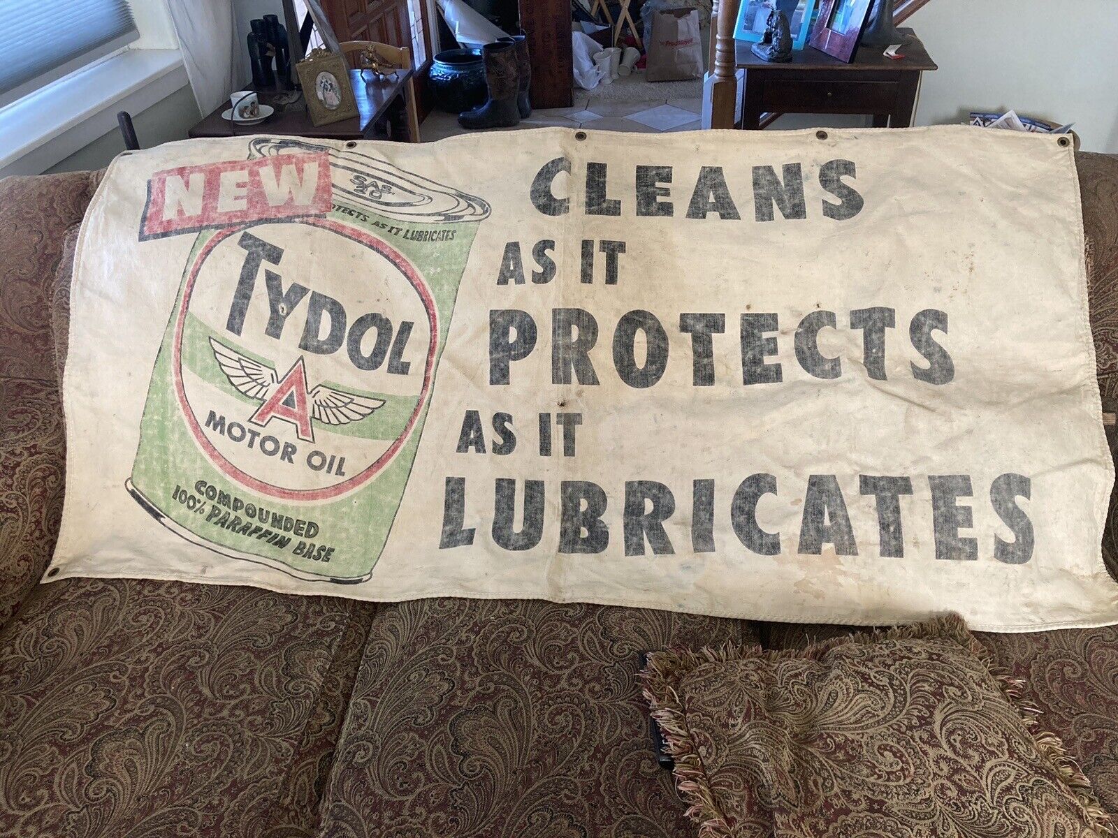 Very Rare Gas Station FLYING A Tydol  Canvas Sign 1940s  Oil Advertising Banner
