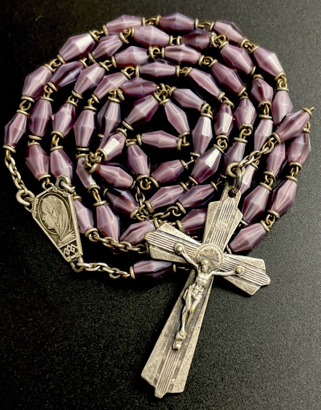 Vintage Catholic Purple  Tigers Eye Stone Rosary, Silver Tone  Crucifix,France