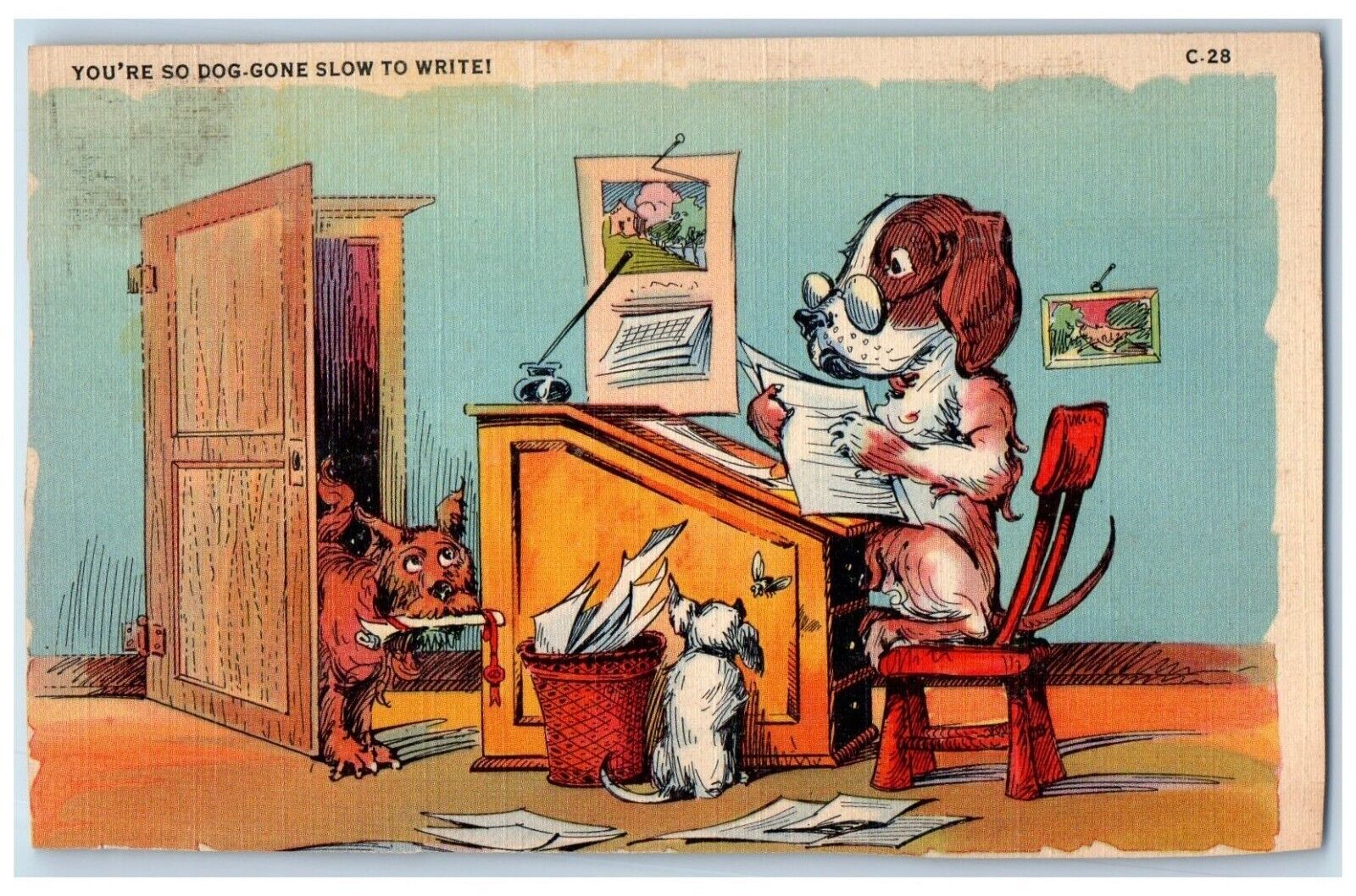 c1930's Anthropomorphic Dog Writing Letter Bees Unposted Vintage Postcard
