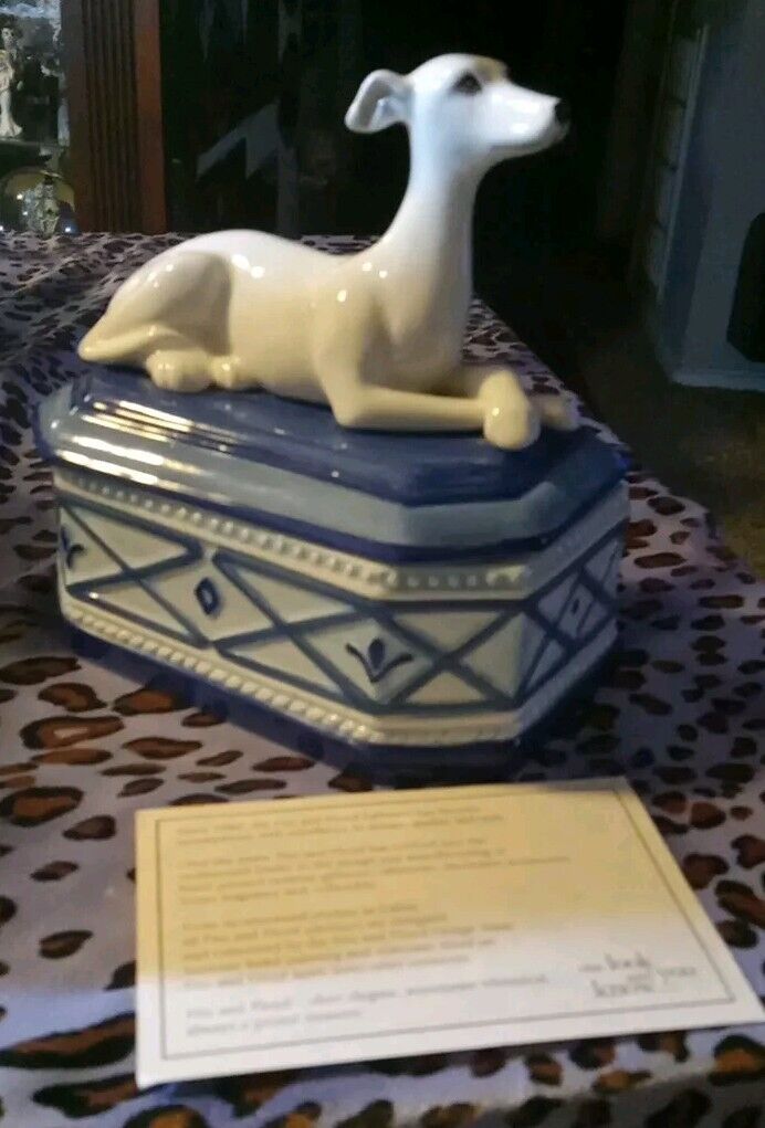 Vintage Greyhound Trinket Box Fitz And Floyd Ceramic Dog White And Blue Base 