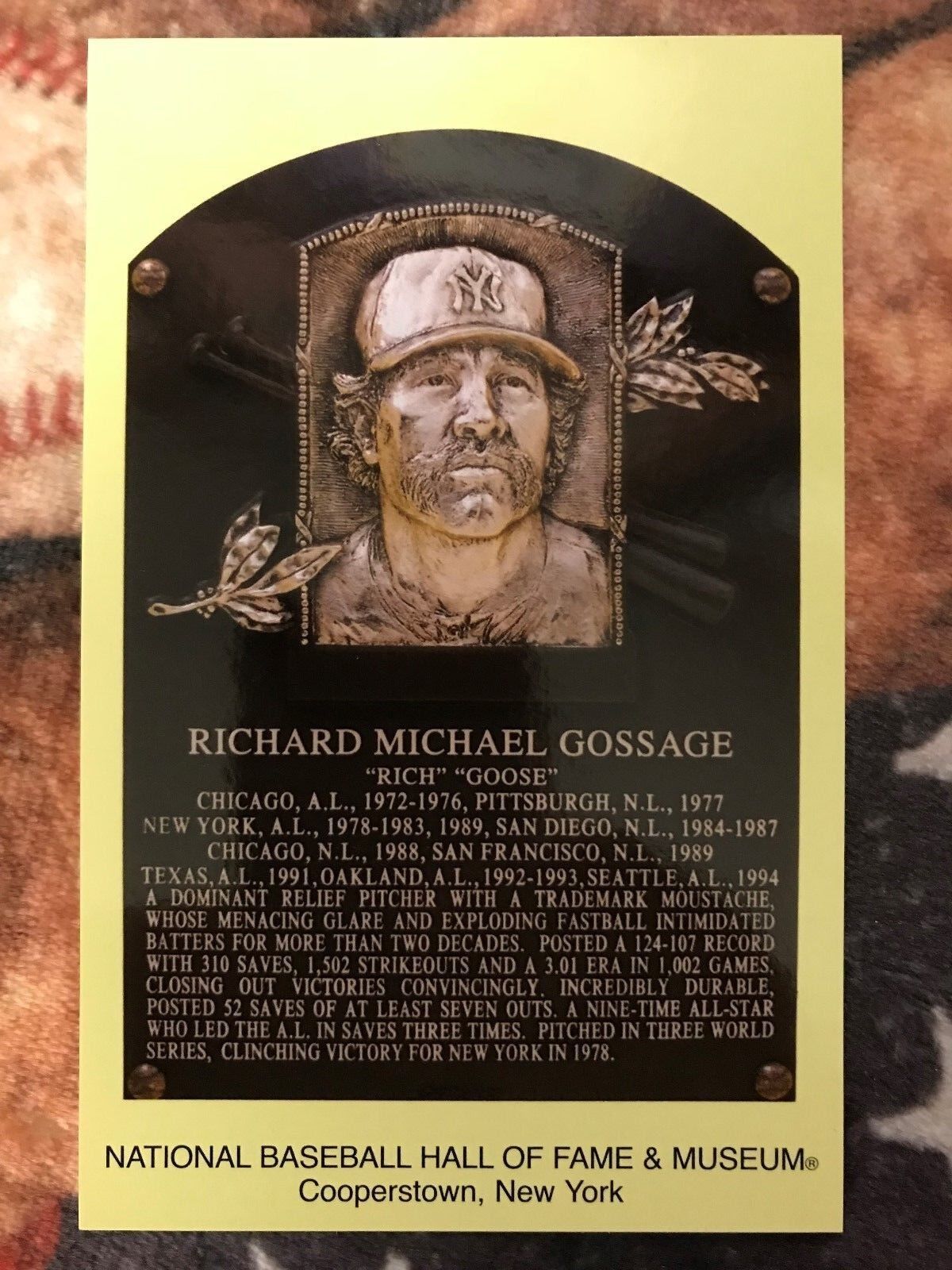Goose Gossage Postcard- Baseball Hall of Fame Induction Plaque- Photo - Yankees