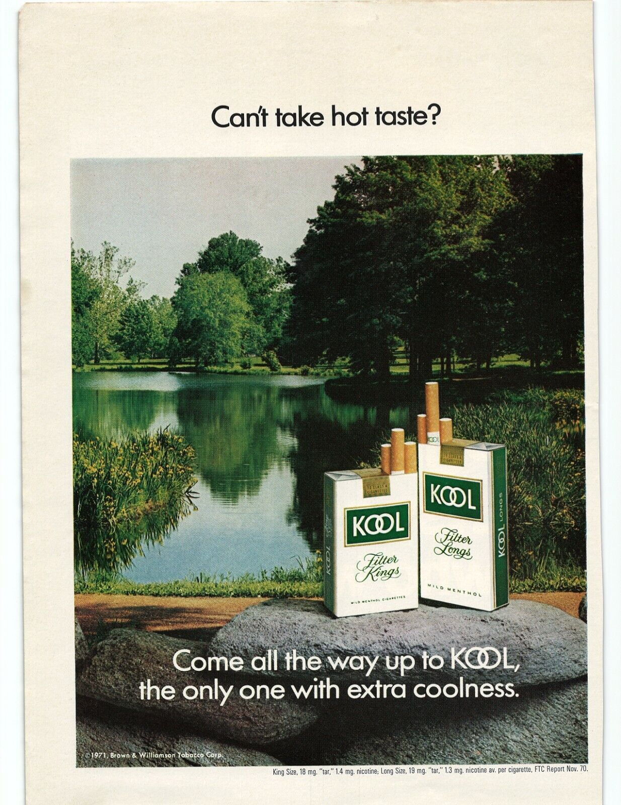 1971 Kool coolness cigarette print ad advertisement. CAN\'T TAKE HOT TASTE?
