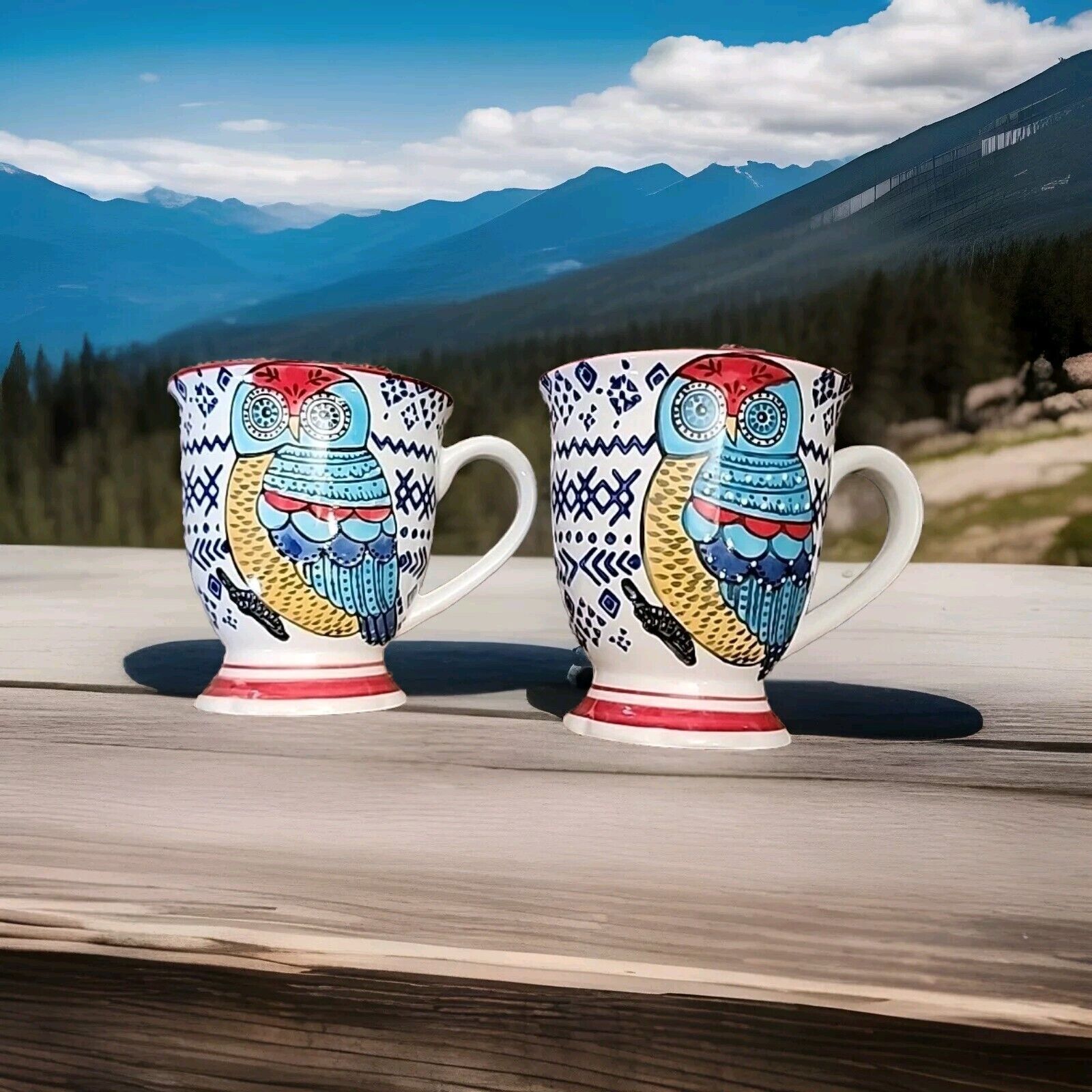 2 Whimsical Owl Coffee Mugs Multi-Colored Ceramic Whimsical Owls 12oz.