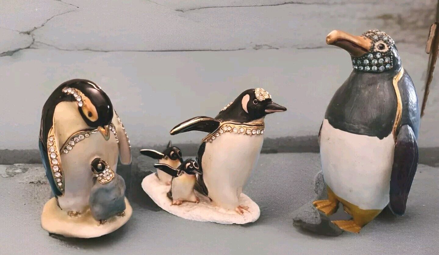 Lot 3 Hand Painted Enamel Penguin Family Trinket Box, Unique Home Decor Figurine