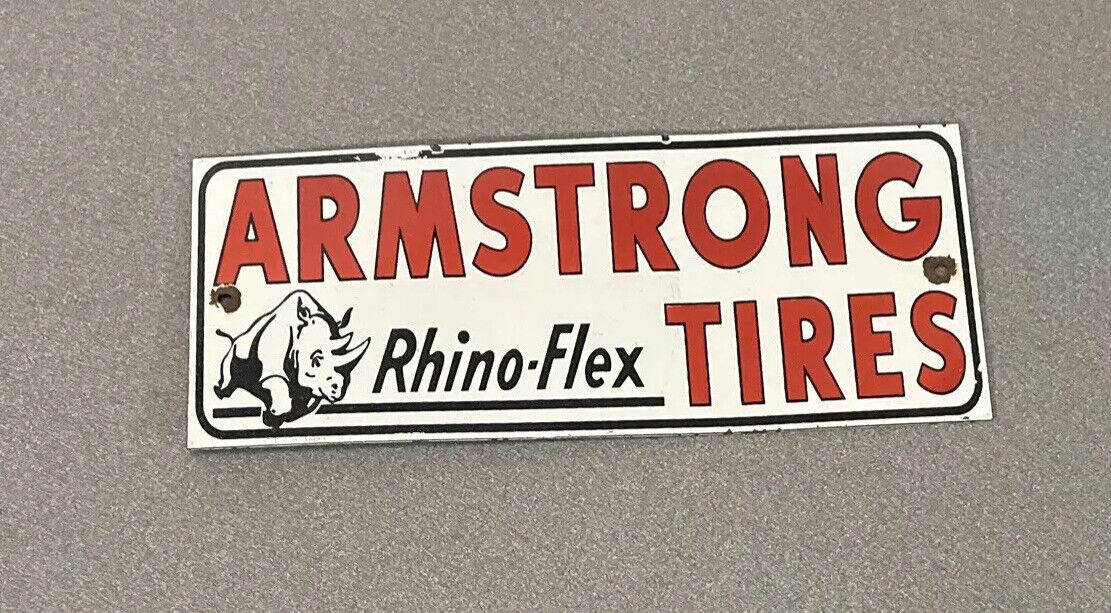 VINTAGE ARMSTRONG RHINO TIRES 12” PORCELAIN SIGN CAR GAS OIL TRUCK AUTOMOBILE